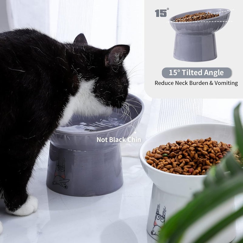 OMAYKEY 6.5 Inch Extra Wide Ceramic Raised Cat Bowl Set, Tilted Elevated Cat Bowls for Food and Water, Prevent Whisker Fatigue, Stress Free, Less Vomiting, Protect Spine, White & Grey - Image 4